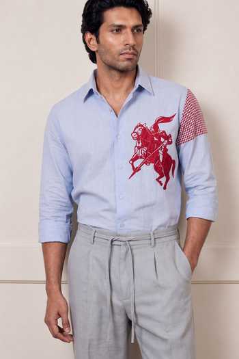 ROHIT DOSHI_Blue Cotton Mini Meshmerize Embroidered Shirt _Online_at_Aza_Fashions