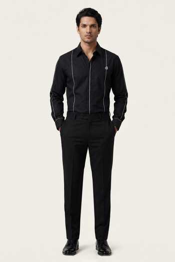 Rohit Doshi_Black Cotton Jailer Contrast Striped Trims Shirt _Online_at_Aza_Fashions
