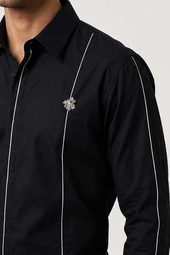 Buy_Rohit Doshi_Black Cotton Jailer Contrast Striped Trims Shirt _Online_at_Aza_Fashions