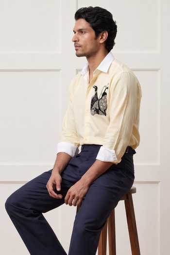 ROHIT DOSHI_Yellow Cotton White Collar Placed Pattern Shirt _Online_at_Aza_Fashions
