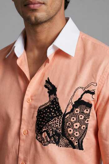 ROHIT DOSHI Peach Cotton White Collar Placed Motif Shirt Online at Aza Fashions ROHIT DOSHI_Peach Cotton White Collar Placed Motif Shirt _Online_at_Aza_Fashions