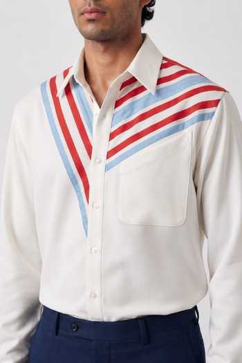 Buy_ROHIT DOSHI_White Polyester Destripe Patch Shirt _Online_at_Aza_Fashions