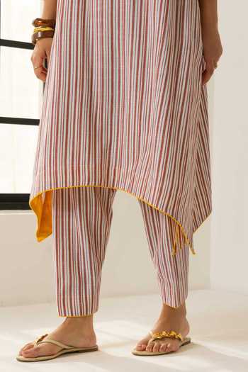 Shop_Dohr India_Ivory Cotton, Kota Doria, Silk Round Neck Savera Stripe Print Kurta Set _Online_at_Aza_Fashions