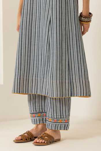 Dohr India_Black Cotton, Bemberg Round Neck, Yes Striped Slub Kurta Set _at_Aza_Fashions
