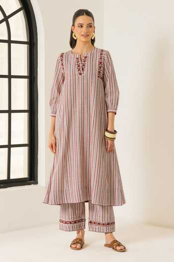 Dohr India_Ivory Cotton, Bemberg, Jacquard Round Neck Aaliyah Striped Pattern Kurta Set _Online_at_Aza_Fashions