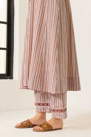Shop_Dohr India_Ivory Cotton, Bemberg, Jacquard Round Neck Aaliyah Striped Pattern Kurta Set _Online_at_Aza_Fashions