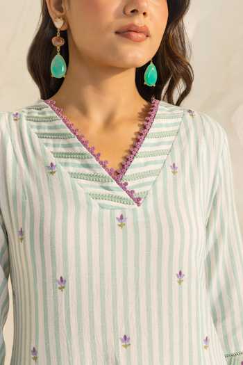 Buy_Dohr India_Green Cotton, Silk V-neck, Yes Embroidered Kurta Set 