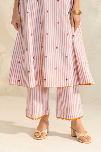 Dohr India_Pink Cotton, Silk, Kota Doria V-neck Zareen Stripe Print Kurta Set _Online_at_Aza_Fashions
