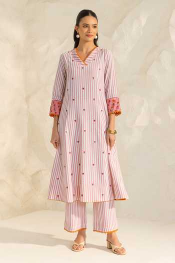 Buy_Dohr India_Pink Cotton, Silk, Kota Doria V-neck Zareen Stripe Print Kurta Set _Online_at_Aza_Fashions