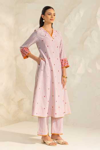 Shop_Dohr India_Pink Cotton, Silk, Kota Doria V-neck Zareen Stripe Print Kurta Set _Online_at_Aza_Fashions