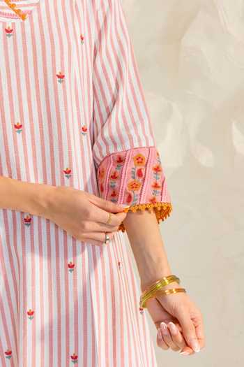 Dohr India_Pink Cotton, Silk, Kota Doria V-neck Zareen Stripe Print Kurta Set _at_Aza_Fashions