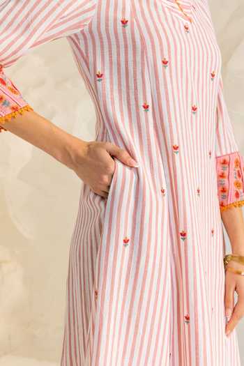 Buy_Dohr India_Pink Cotton, Silk, Kota Doria V-neck Zareen Stripe Print Kurta Set 