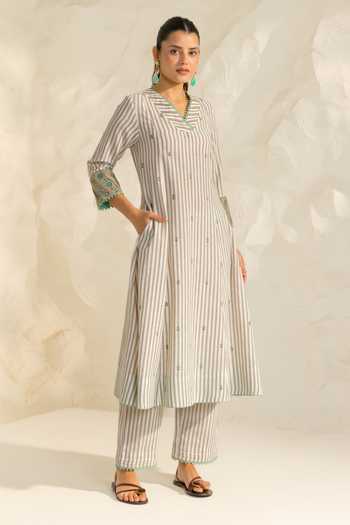 Buy_Dohr India_Beige Cotton, Silk, Kota Doria V-neck Zareen Printed Kurta Set _Online_at_Aza_Fashions