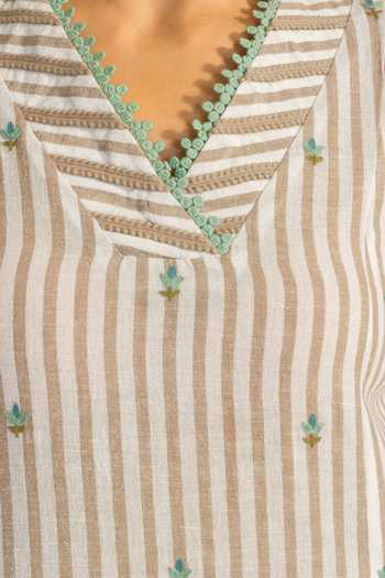 Buy_Dohr India_Beige Cotton, Silk, Kota Doria V-neck Zareen Printed Kurta Set 