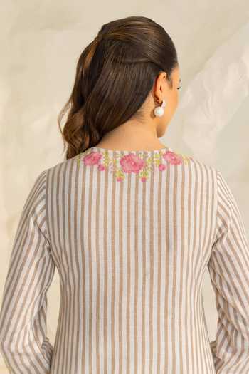 Dohr India_Beige Cotton, Silk, Kota Doria V-neck Zainab Printed Kurta Set _Online_at_Aza_Fashions