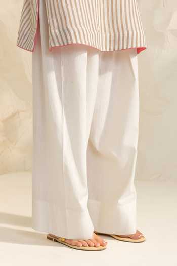 Buy_Dohr India_Beige Cotton, Silk, Kota Doria V-neck Zainab Printed Kurta Set _Online_at_Aza_Fashions