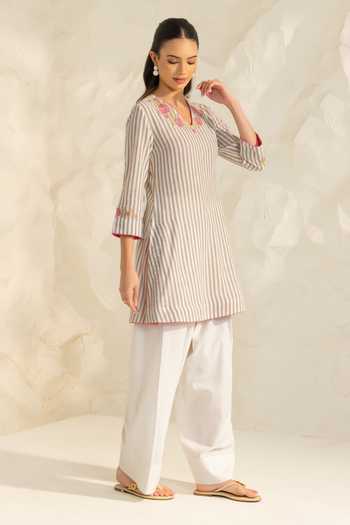 Shop_Dohr India_Beige Cotton, Silk, Kota Doria V-neck Zainab Printed Kurta Set _Online_at_Aza_Fashions