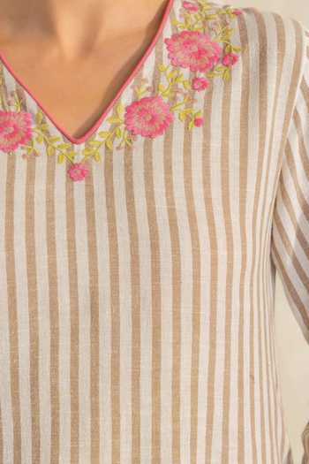 Buy_Dohr India_Beige Cotton, Silk, Kota Doria V-neck Zainab Printed Kurta Set 
