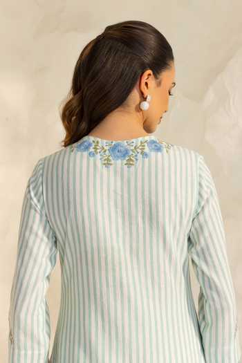 Dohr India Ivory Cotton, Kota Doria, Silk V-neck Zainab Striped Pattern Kurta Set Online at Aza Fashions Dohr India_Ivory Cotton, Kota Doria, Silk V-neck Zainab Striped Pattern Kurta Set _Online_at_Aza_Fashions