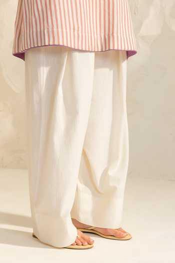Shop_Dohr India_Pink Cotton, Kota Doria, Silk V-neck Zainab Stripe Pattern Kurta Salwar Set _Online_at_Aza_Fashions