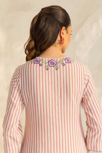 Dohr India_Pink Cotton, Kota Doria, Silk V-neck Zainab Stripe Pattern Kurta Salwar Set _at_Aza_Fashions