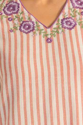 Shop_Dohr India_Pink Cotton, Kota Doria, Silk V-neck Zainab Stripe Pattern Kurta Salwar Set 