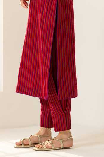 Buy_Dohr India_Red Cotton, Jacquard, Bemberg Split V-neck Nyra Stripes Pattern Kurta Set _Online_at_Aza_Fashions