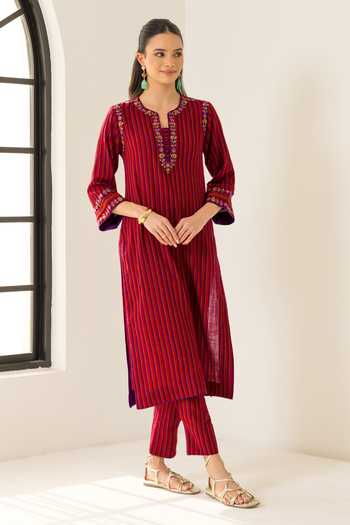 Shop_Dohr India_Red Cotton, Jacquard, Bemberg Split V-neck Nyra Stripes Pattern Kurta Set _Online_at_Aza_Fashions