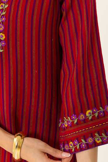 Dohr India_Red Cotton, Jacquard, Bemberg Split V-neck Nyra Stripes Pattern Kurta Set _at_Aza_Fashions