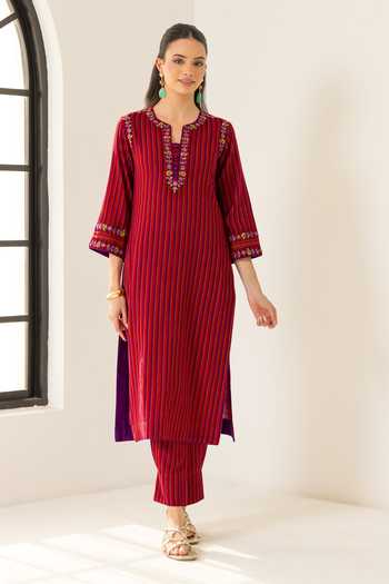 Buy_Dohr India_Red Cotton, Jacquard, Bemberg Split V-neck Nyra Stripes Pattern Kurta Set 