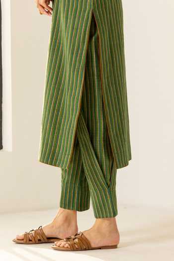 Buy_Dohr India_Green Cotton, Bemberg, Jacquard Split V-neck, Yes Nyra Striped Print Kurta Set _Online_at_Aza_Fashions
