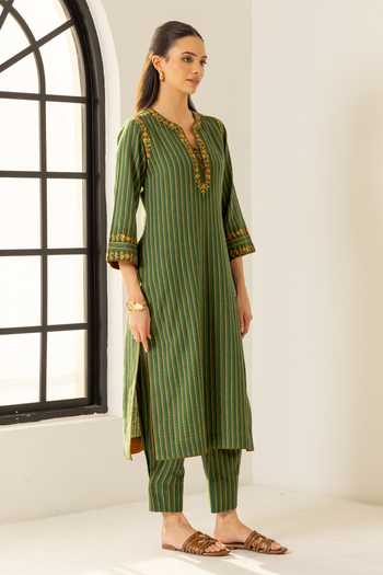 Buy_Dohr India_Green Cotton, Bemberg, Jacquard Split V-neck, Yes Nyra Striped Print Kurta Set 