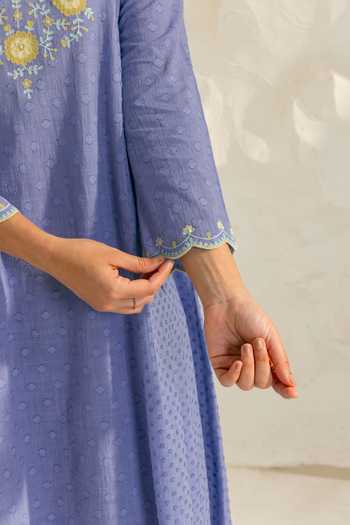 Dohr India_Blue Cotton, Jacquard, Silk V-neck Kiara Placement Embroidered Kurta Set _Online_at_Aza_Fashions