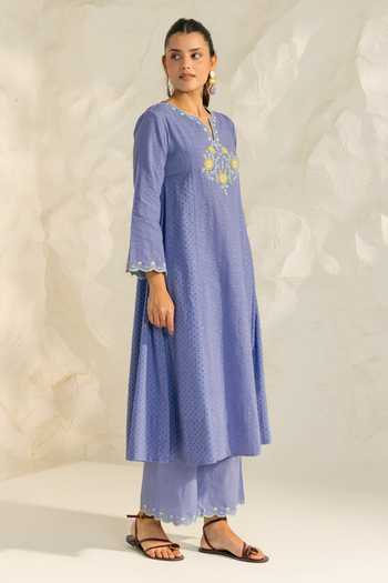 Shop_Dohr India_Blue Cotton, Jacquard, Silk V-neck Kiara Placement Embroidered Kurta Set _Online_at_Aza_Fashions