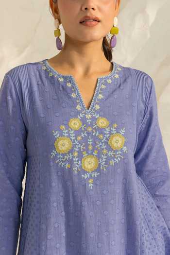 Dohr India_Blue Cotton, Jacquard, Silk V-neck Kiara Placement Embroidered Kurta Set _at_Aza_Fashions