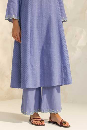 Buy_Dohr India_Blue Cotton, Jacquard, Silk V-neck Kiara Placement Embroidered Kurta Set 
