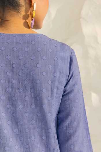 Shop_Dohr India_Blue Cotton, Jacquard, Silk V-neck Kiara Placement Embroidered Kurta Set 