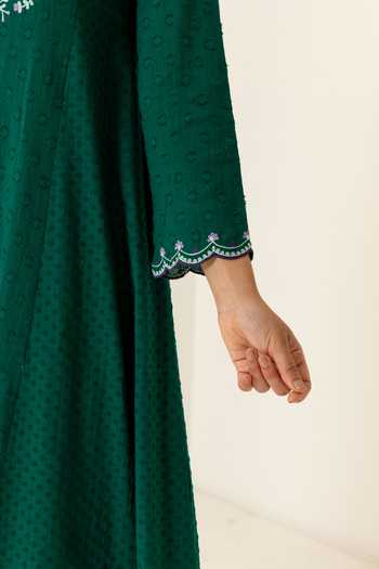 Dohr India_Emerald Green Cotton, Jacquard, Silk, Kota Doria Kiara Embroidered Kurta Set _Online_at_Aza_Fashions