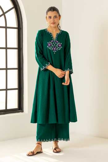 Buy_Dohr India_Emerald Green Cotton, Jacquard, Silk, Kota Doria Kiara Embroidered Kurta Set _Online_at_Aza_Fashions