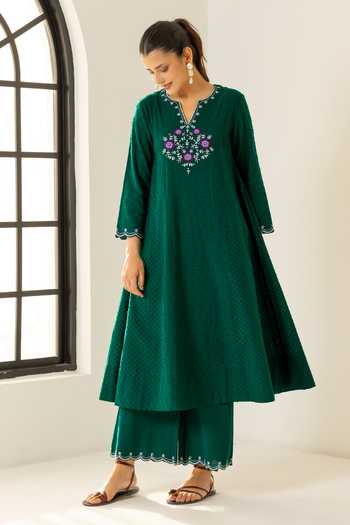 Shop_Dohr India_Emerald Green Cotton, Jacquard, Silk, Kota Doria Kiara Embroidered Kurta Set _Online_at_Aza_Fashions