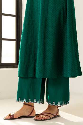 Dohr India_Emerald Green Cotton, Jacquard, Silk, Kota Doria Kiara Embroidered Kurta Set _at_Aza_Fashions