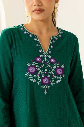 Shop_Dohr India_Emerald Green Cotton, Jacquard, Silk, Kota Doria Kiara Embroidered Kurta Set 