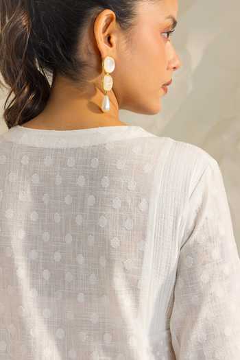 Dohr India_White Cotton, Jacquard, Silk, Kota Doria Embroidery Kiara Placement Kurta Set _Online_at_Aza_Fashions