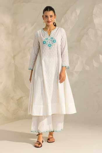 Buy_Dohr India_White Cotton, Jacquard, Silk, Kota Doria Embroidery Kiara Placement Kurta Set _Online_at_Aza_Fashions