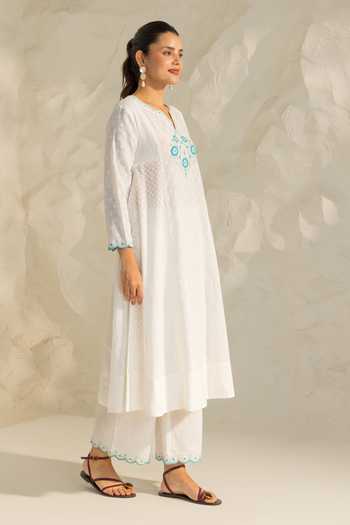 Shop_Dohr India_White Cotton, Jacquard, Silk, Kota Doria Embroidery Kiara Placement Kurta Set _Online_at_Aza_Fashions