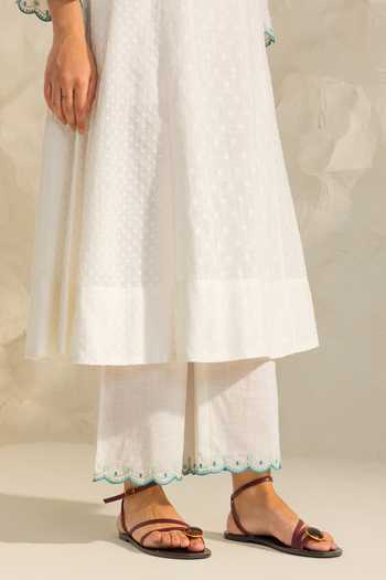 Dohr India_White Cotton, Jacquard, Silk, Kota Doria Embroidery Kiara Placement Kurta Set _at_Aza_Fashions