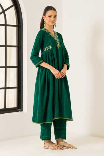 Buy_Dohr India_Emerald Green Cotton, Jacquard, Silk, Kota Doria Aizah Embroidered Kurta Set _Online_at_Aza_Fashions