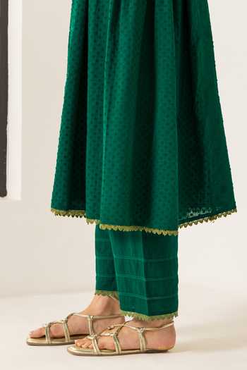 Dohr India_Emerald Green Cotton, Jacquard, Silk, Kota Doria Aizah Embroidered Kurta Set _at_Aza_Fashions