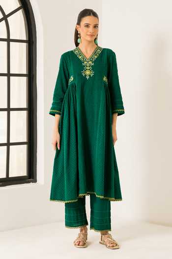 Buy_Dohr India_Emerald Green Cotton, Jacquard, Silk, Kota Doria Aizah Embroidered Kurta Set 