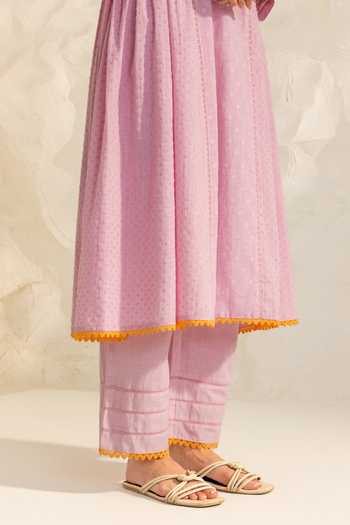 Dohr India_Purple Cotton, Jacquard, Silk V-neck Aizah Embroidered Kurta Set _Online_at_Aza_Fashions